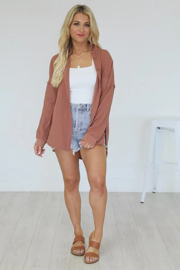 Let Me Adore You Brown Button Front Gauze Blouse | Pink Lily