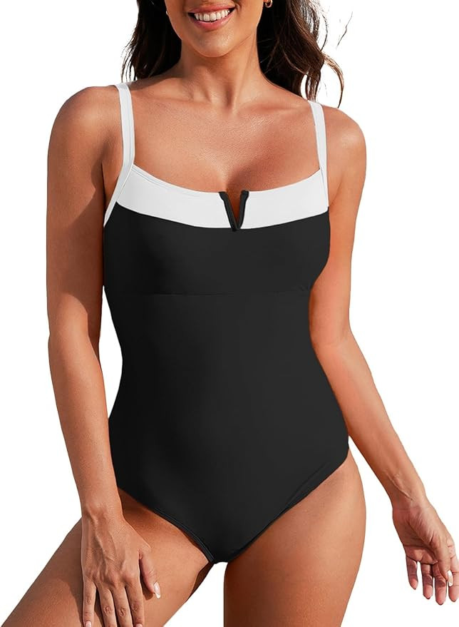 Herseas Women's V Wire One Piece Swimsuit Color Block Patchwork Bathing Suit | Amazon (US)