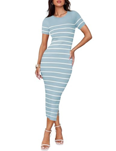 ZESICA Women's 2025 Summer Bodycon Midi Dress Striped Short Sleeve Ribbed Knit Slim Fit Side Slit Vacation Long Dresses,Light Blue,Medium | Amazon (US)