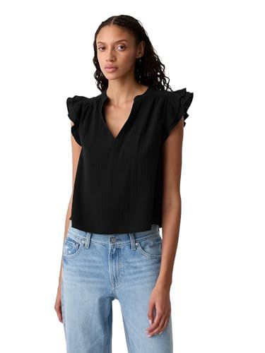 GAP Womens Flutter Sleeve Split Neck Top Black S | Amazon (US)