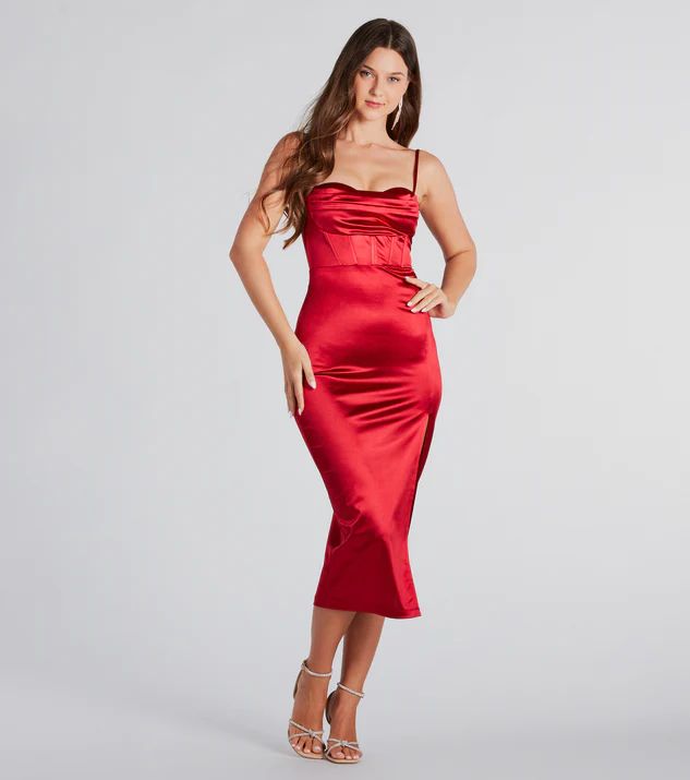 Alena Formal Satin Cowl Neck Midi Dress | Windsor Stores