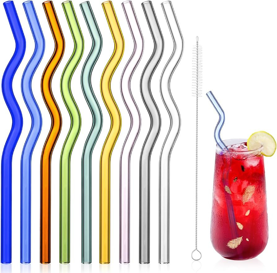 9PCS Glass Straws Reusable Wavy Glass Straws 9.6 in*10mm Colored Translucent Glass Straws with 1 ... | Amazon (US)