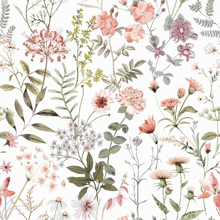 VEELIKE Vintage Peach Pink Floral Wallpaper Peel and Stick Removable Wildflowers Pink Botanical W... | Amazon (US)