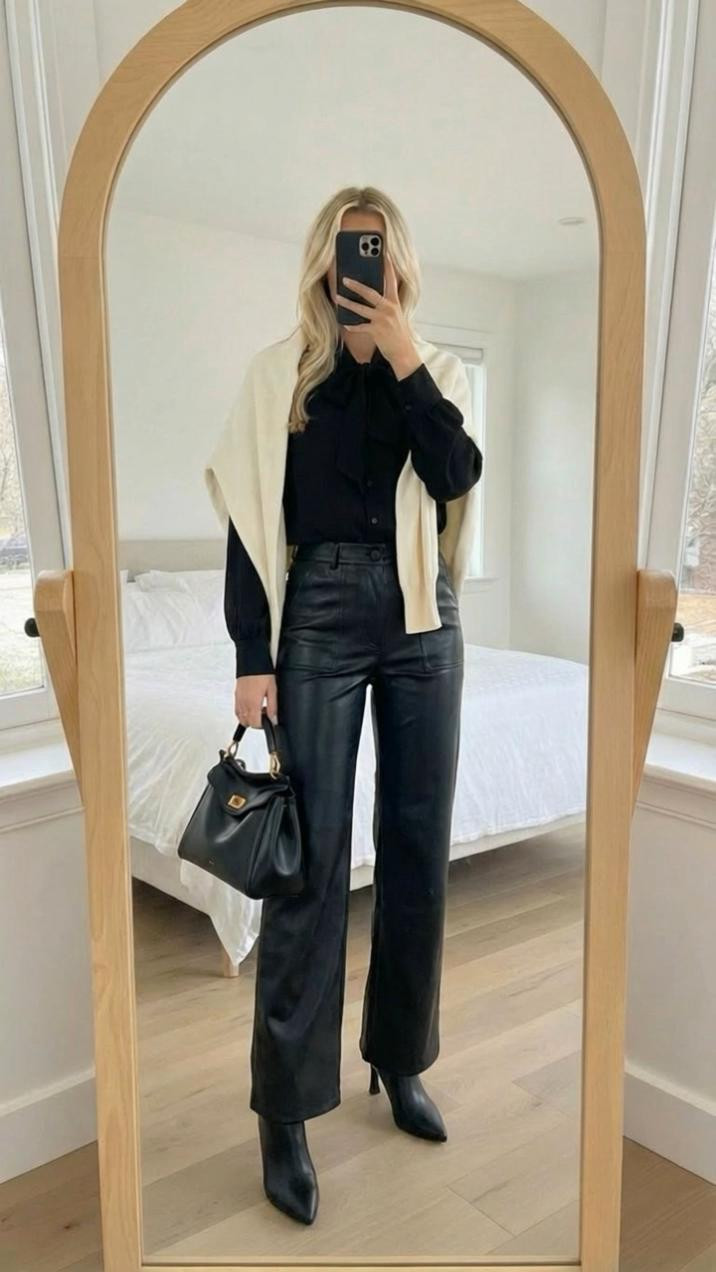 Just a classic look for any time during the winter throw over a gorgeous cream colored sweater over your shoulders gives you those Aritzia vibes, but with an Amazon price tag a really cute bow top paired with a pair of leather pants or you can even do black jeans with his outfit and then a great leather bag some cute boots to go with and you’ve got a very well put together classic look for the holidays or just every day also great for the office as well

#LTKHoliday #LTKgrwm #LTKmorningroutine