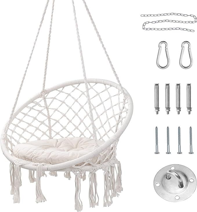 HBlife Hammock Chair, Hanging Swing with Macrame and Cushion, Max 330 Lbs, Beige Hanging Cotton R... | Amazon (US)