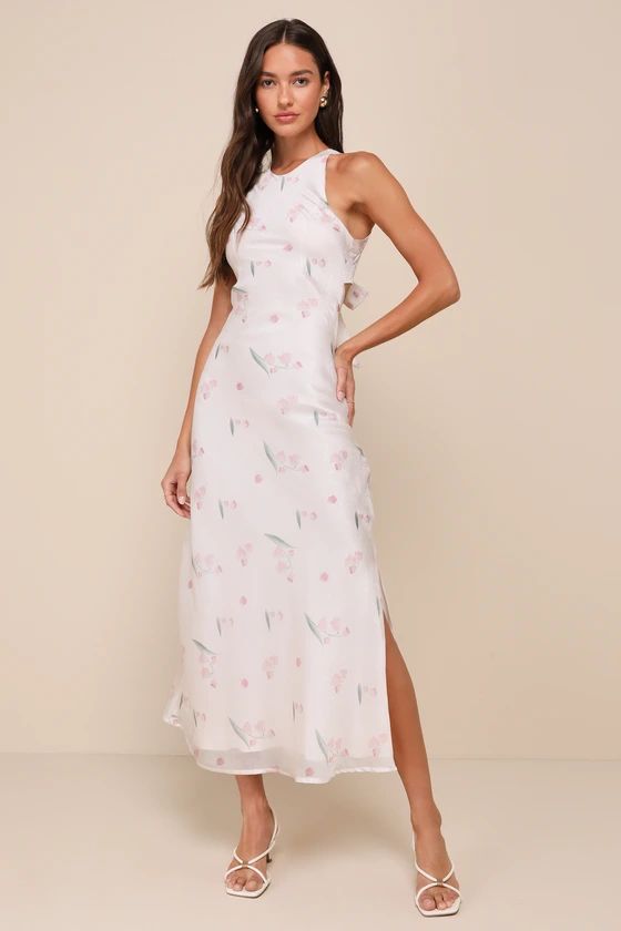 Majorly Romantic Cream Floral Print Tie-Back Maxi Dress | Lulus
