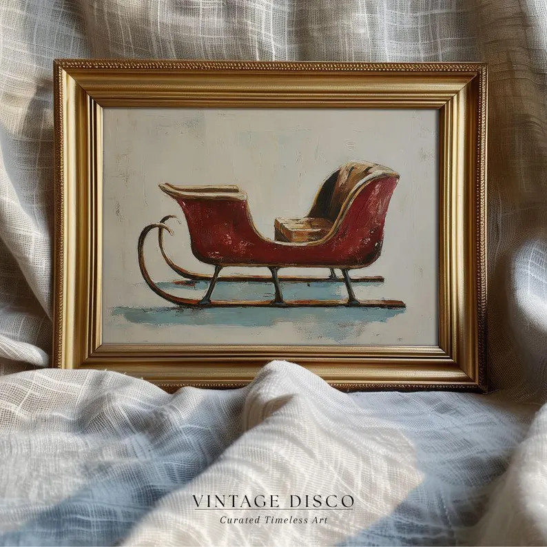 Vintage Sleigh Christmas Painting Print - Charming Holiday Decorating, Traditional Festive Winter... | Etsy (US)