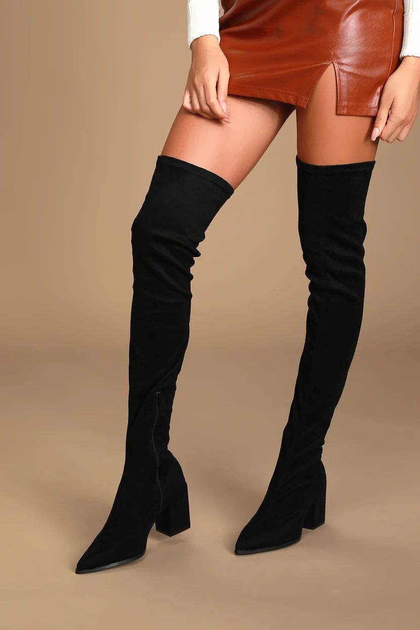 Aurelie Black Suede Pointed-Toe Over The Knee Boots | Lulus (US)