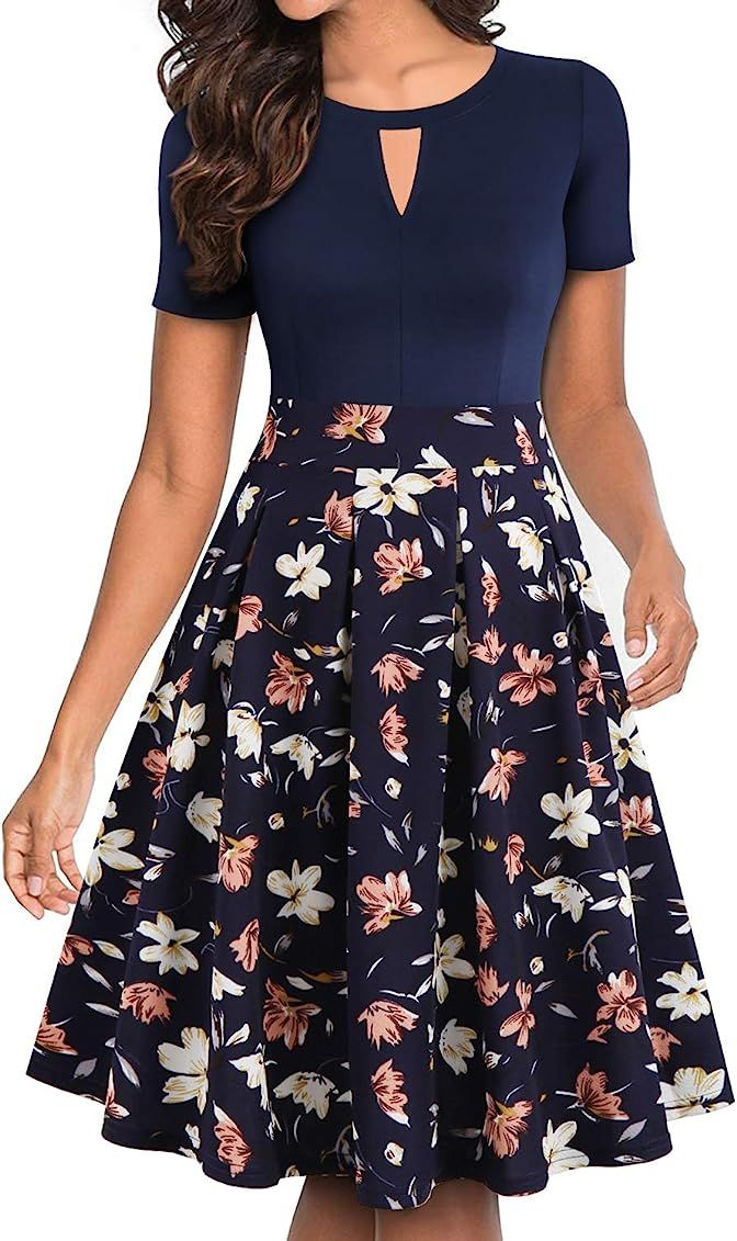 YATHON Women's Vintage Floral Flared A-Line Swing Casual Party Dresses with Pockets | Amazon (US)