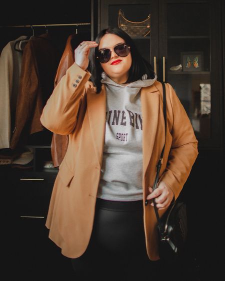 Plus size ootd plus size style, wearing the Anine Bing sweatshirt in size XL , Spanx leather look leggings in 3X , Eloquii blazer in 24 / 3X , plus size errands outfit. Casual outfit. Basics  

#LTKcurves #LTKstyletip