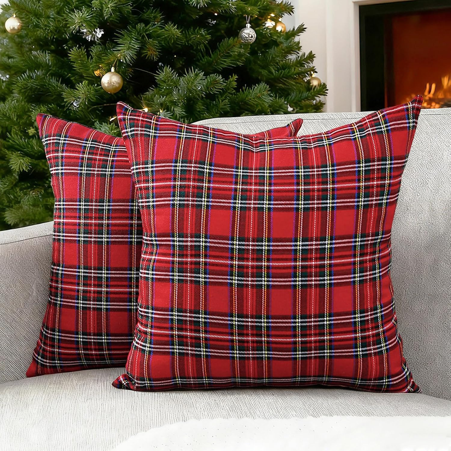 Red Tartan Plaid Christmas Xmas Outdoor Throw Pillow Covers 18x18 Set of 2 | Amazon (US)