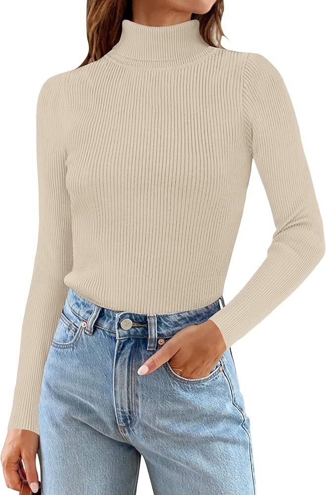 ZESICA Women's 2024 Turtleneck Long Sleeve Shirts Fall Basic Tops Slim Fitted Ribbed Knit Sweater | Amazon (US)