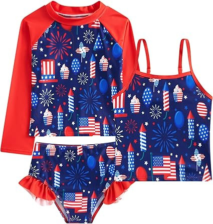 swimsobo Girls 3-Piece Swimsuit Size 3-10Y Bahting Suit Long Sleeve Rash Guard Tankini Sets UPF S... | Amazon (US)