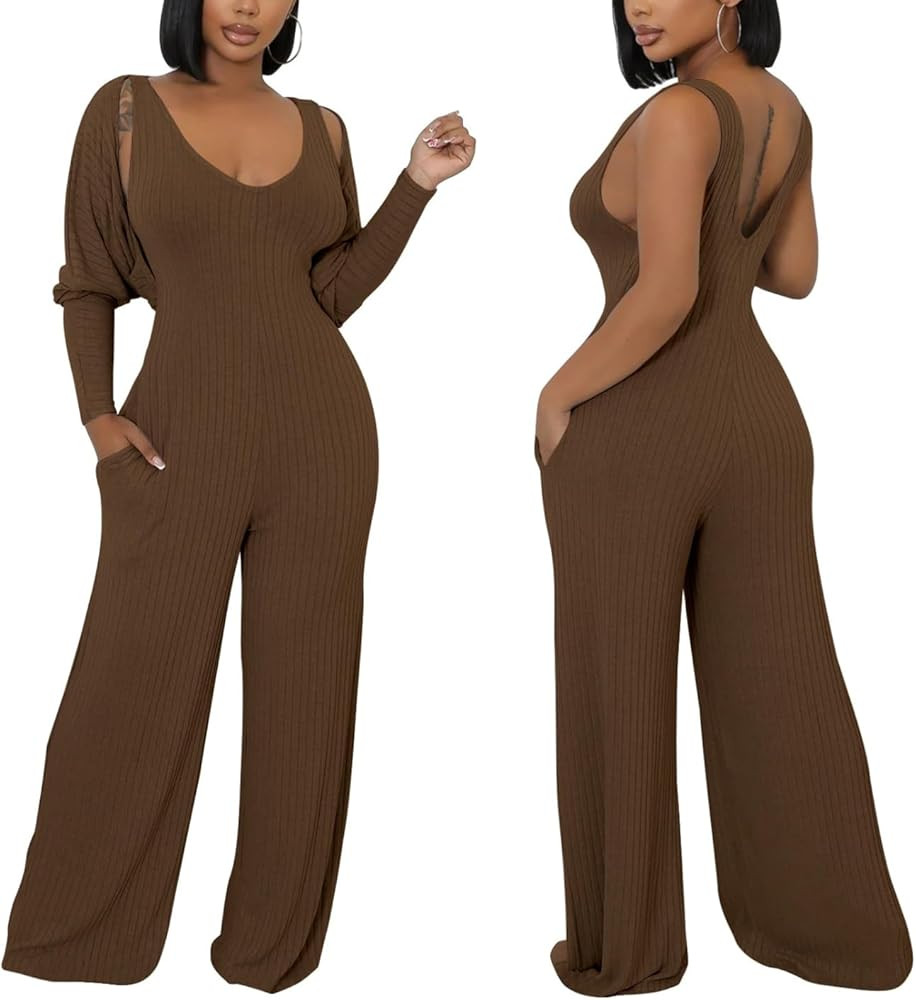 Women's Casual 2 Piece Outfits Ribbed Knitted Batwing Long Sleeve Cardigan Tank Wide Leg Jumpsuit... | Amazon (US)