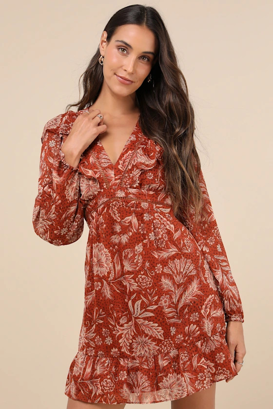 Florencia Rust Floral Mini Dress Red Floral Dress Floral Wedding Guest Dress White Boots Outfit Fall | Lulus