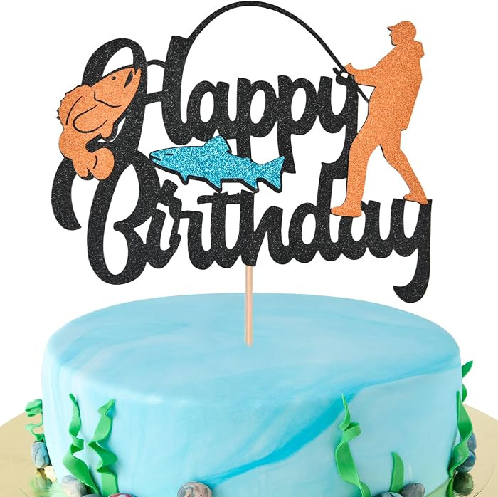 Black Glitter Fishing Happy Birthday Cake Topper Outdoor Theme Cake Decor for Birthday Party Decoration Supply | Amazon (US)