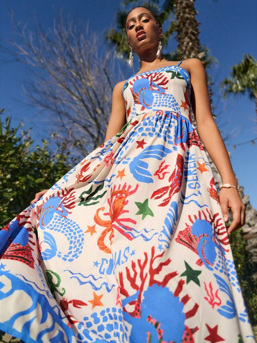 Travachic Women's Spaghetti Strap Minimalist Pattern Long Dress,Casual Holiday Wear,Summer Outfit... | SHEIN