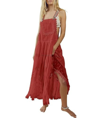 chouyatou Women's Lace Embroidered Tiered Maxi Dress Casual Suspender Strap Bib Overall Jumper Dress (Medium, Red) | Amazon (US)