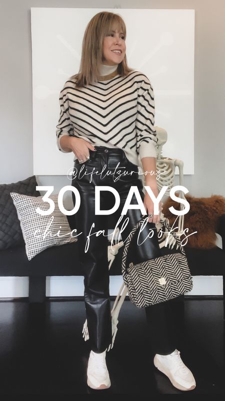 30 days of chic (and EASY), Fall looks starts now! This combo is classic yet right on trend. Pair a striped sweater with faux leather pants and chunky sneaks for the perfect Fall fit. Add texture with the herringbone bag and metal necklace. Sweater is under $50 and runs TTS! 

#LTKstyletip #LTKSeasonal #LTKunder50