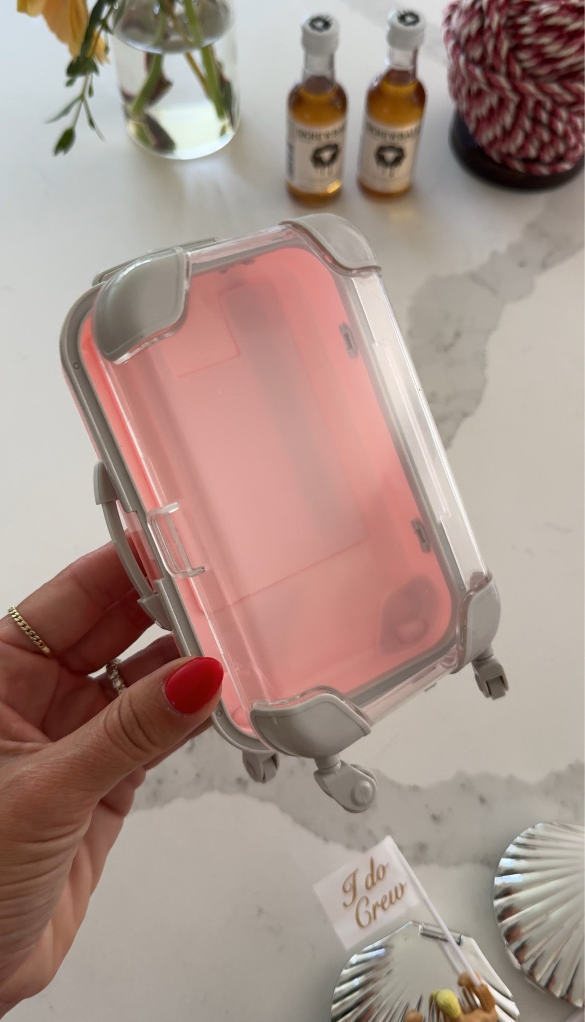 Mini clear luggage for diy party kits. Perfect for a girls trip/bachelorette