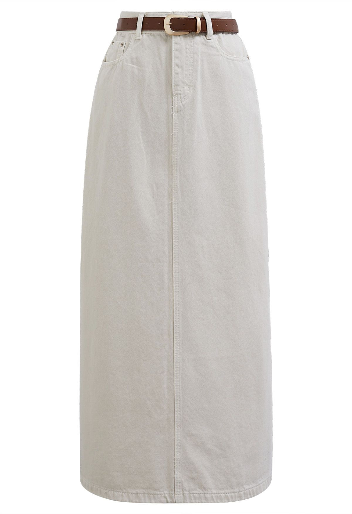 Slit Back Belted Denim Maxi Skirt in Ivory | Chicwish