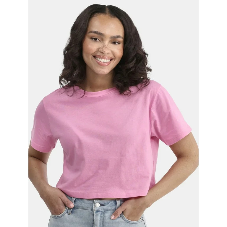 No Boundaries Cropped Boxy Cotton Tee with Short Sleeves, Women's - Walmart.com | Walmart (US)