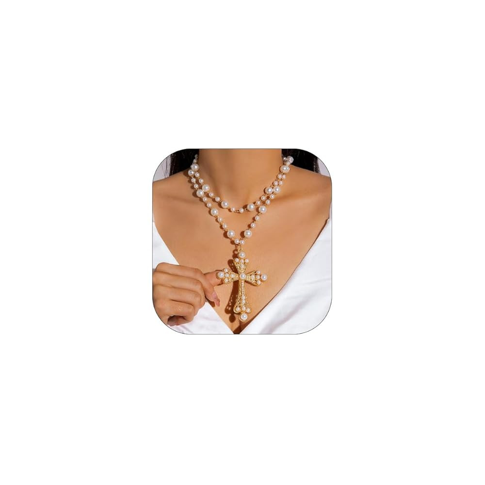 Gothic Cross Necklace for Women Exaggerate Big Pearl Beaded Cross Statement Necklaces Sparkling C... | Amazon (US)