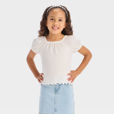 Toddler Girls' Pucker Knit T-Shirt - Cat & Jack™ White18M: Cotton Blend, Recycled Polyester, Spandex, Squareneck, Puff Sleeve | Target