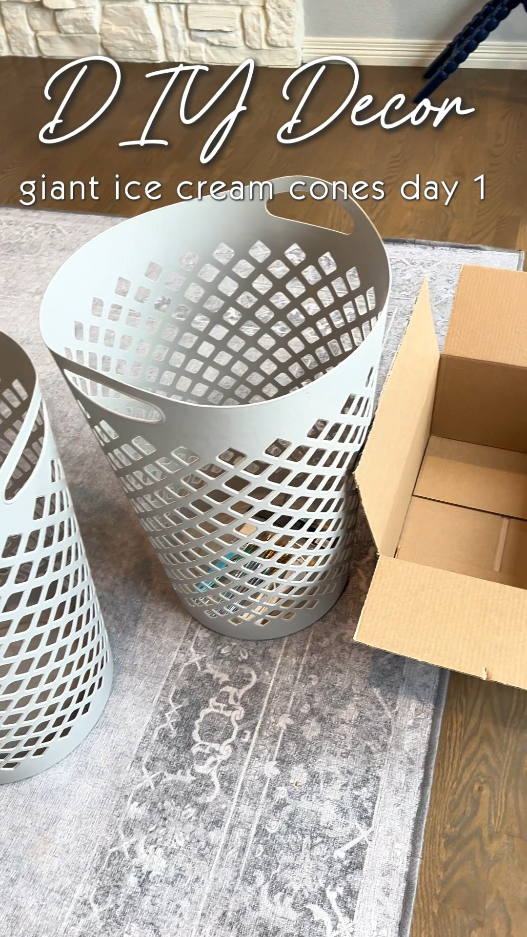 Day 1 of this DIY party decor! Making extra large icecream cones. 

Supply list - 
2 cone shaped tall laundry baskets. I found these at Target for $7 a piece.
2 medium sized exercise balls (21-25 inch fits in these baskets). These were $5 a piece balls from Five Below. 
Cardboard cut into strips (I disassembled a medium sized Amazon box and used almost the entire box) I cut along the seams and used the flaps for the rims. 
Hot glue sticks and glue gun
A box cutter or exacto knife
Painters tape
Scissors
Brown butcher block paper 
Elmer’s glue (I bought a large size jug) and am using a 2 parts glue to one part water ratio to create a paste.
Medium and large paint brushes (found for
$2 at 5 below) 
Acrylic paint for both the cone and whatever colors you choose for the icecream (found a full paint set at 5 Below) 
Gaps and Cracks foam spray (bought two cans for around $6 a piece) you can purchase at Lowe’s, Home Depot, or home improvement store.
2 small plastic red balls for a cherry on top of the cone (I’m stealing two from Isaac’s ball pit!) 
A container of Crayola quick dry clay for the sprinkles (found at 5 Below for $5, but Target also carries it)

#LTKParties #LTKKids #LTKFindsUnder100