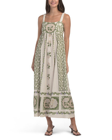 Linen Blend Short Sleeve Floral Placed Print Maxi Dress For Women, Linen/Viscose | TJ Maxx