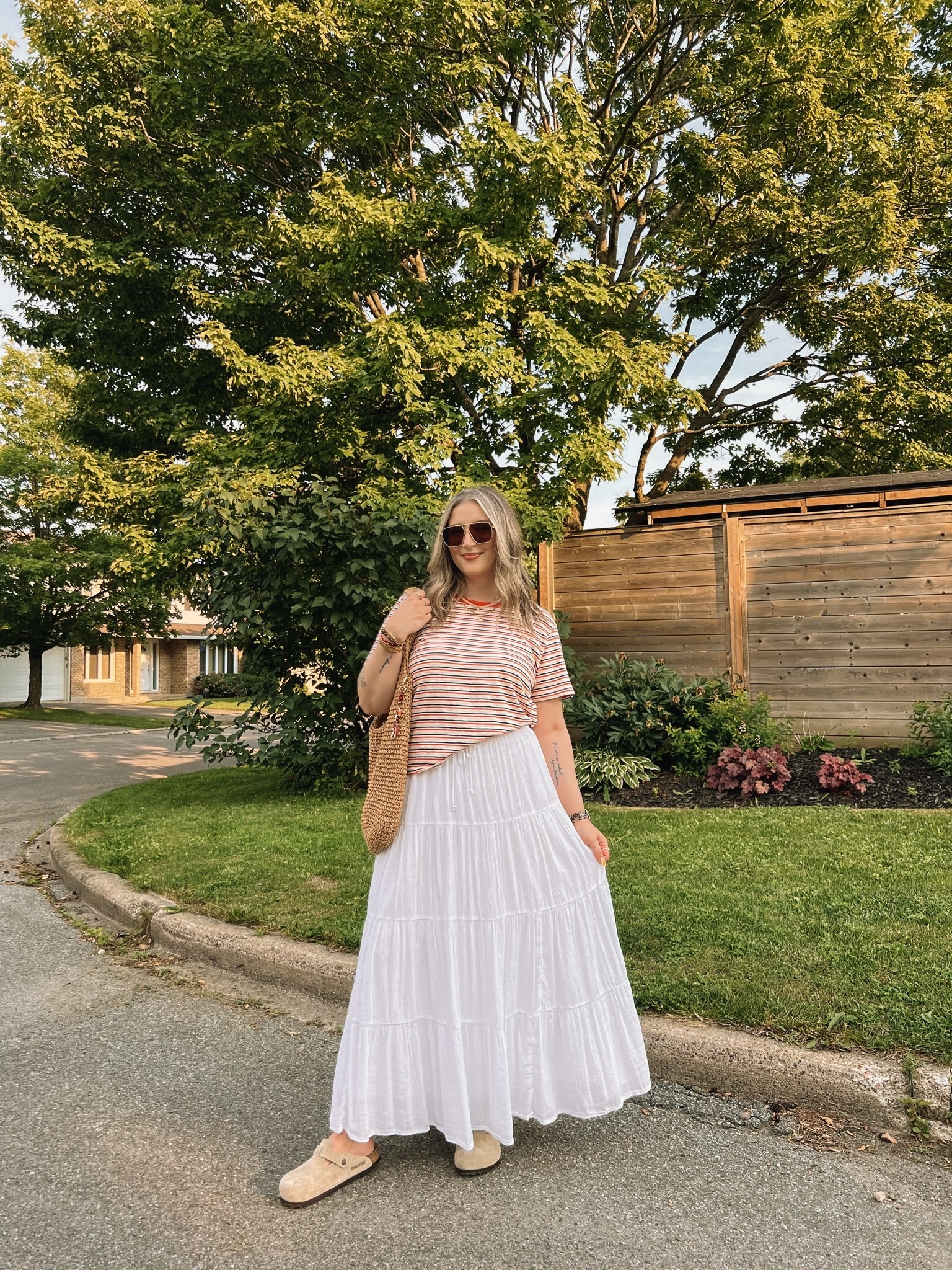 Casual summer outfit! Sized up to XL in the striped tee for a looser fit. White maxi skirt is old from aerie, linked a bunch of similar options! I’m a 9.5-10 shoe and wear a 40 in the Birkenstock clogs

#LTKsummer #LTKmidsize #LTKstyletip