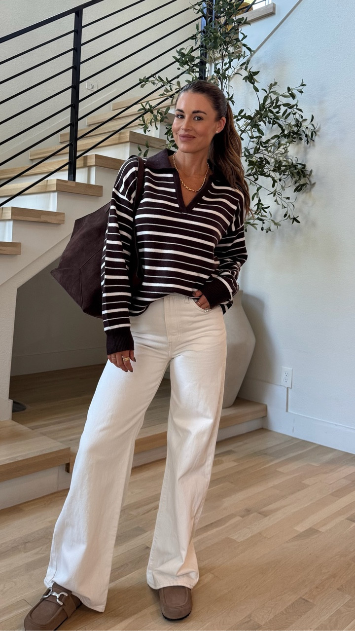You’re probably going to see striped sweaters everywhere this fall! This one is a must in my opinion! I love the chocolate brown and the collar. Looks so good with these high rise, wide leg Levi jeans. 

These suede clogs are so cute and come in multiple colors!

Shopbop outfits
Stripe Polo
Fall style
Fall outfits
Fall bags
White denim

#LTKItBag #LTKSeasonal #LTKStyleTip