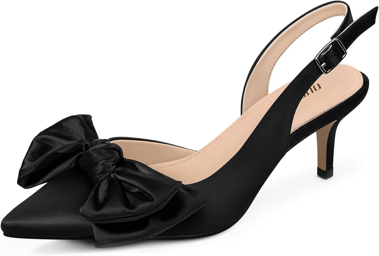 Ouepiano Bow Knot Heels for Women - Slingback Kitten Heels Pointed Closed Toe Low Heel Backless A... | Amazon (US)