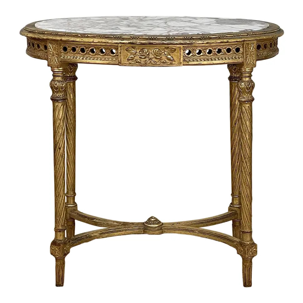 19th Century French Louis XVI Neoclassical Giltwood Marble Top Oval End Table | Chairish