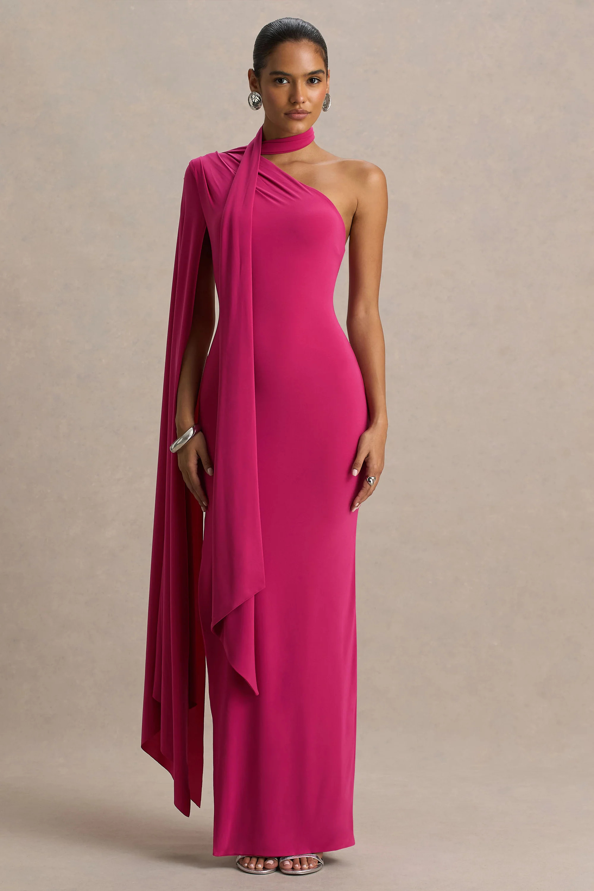Amal  Hot Pink Asymmetric-Neck Maxi Dress With Scarf and Cape Detail | Club L London