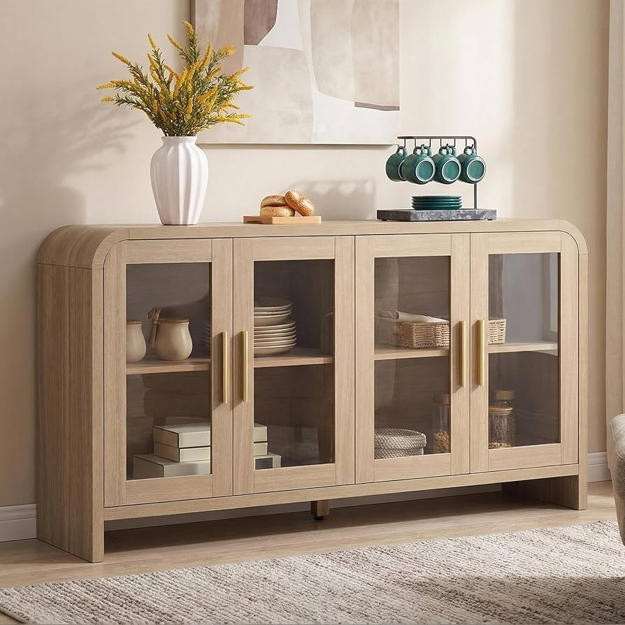Sideboard Buffet Cabinet Unique Curved Large Credenza Storage Cabinet with 4 Glass Doors, FSC-Cer... | Amazon (US)