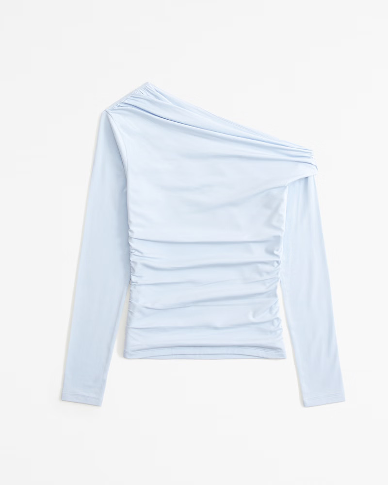 Long-Sleeve Asymmetrical Off-The-Shoulder Draped Top | Abercrombie & Fitch (US)