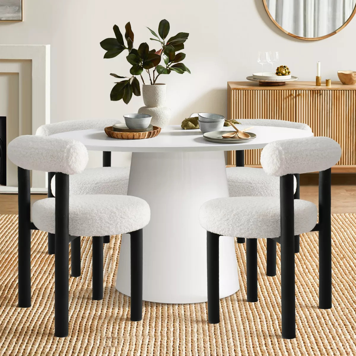 Dwen+Shaun 5-Piece 46" Manufactured Grain and 18.5" Wide 4 Round Seat Beige Boucle Chairs Modern ... | Target