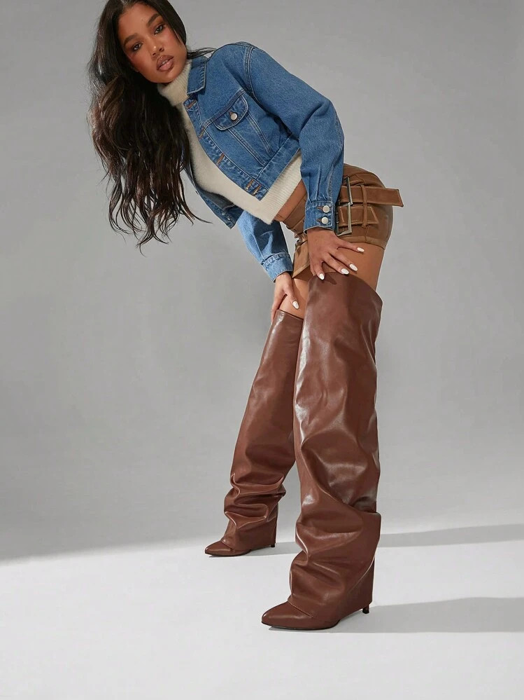 SHUZIA Women's Over The Knee High Stiletto Heel Fold Over Fashion Boots Holiday Vacay Vibe For And Summer Shoes Spring Shoes Spring Break Easter | SHEIN