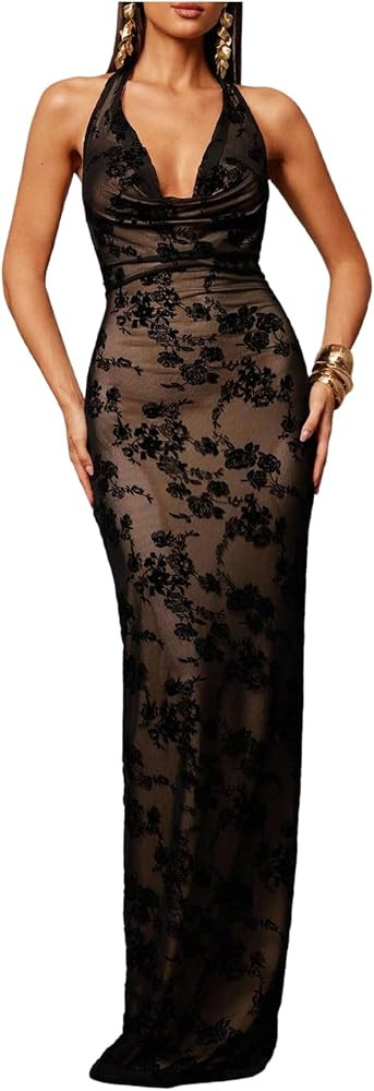 SHENHE Women's Sexy Floral Maxi Dress Halter Tie Bodycon Party Dress | Amazon (US)