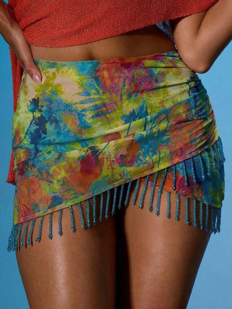 Printed Wrap Over Ruched Beaded Hem Mini Skirt Summer Sexy Going Out Beach Holiday Ibiza Club Tro... | SHEIN