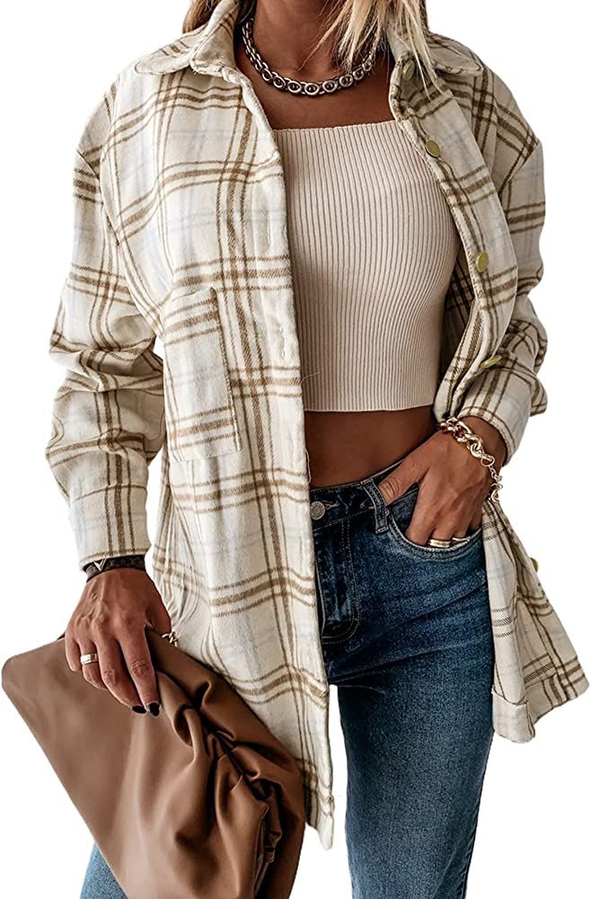 Women's 2023 Fall Clothes Plaid Shacket Jacket Long Sleeve Button Down Flannel Shirts Fashion Blo... | Amazon (US)