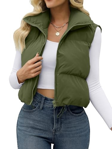JZC Womens Cropped Puffer Vest Zip Up Stand Collar Sleeveless Outerwear Puffey Vests Padded Gilet Army Green Medium | Amazon (US)
