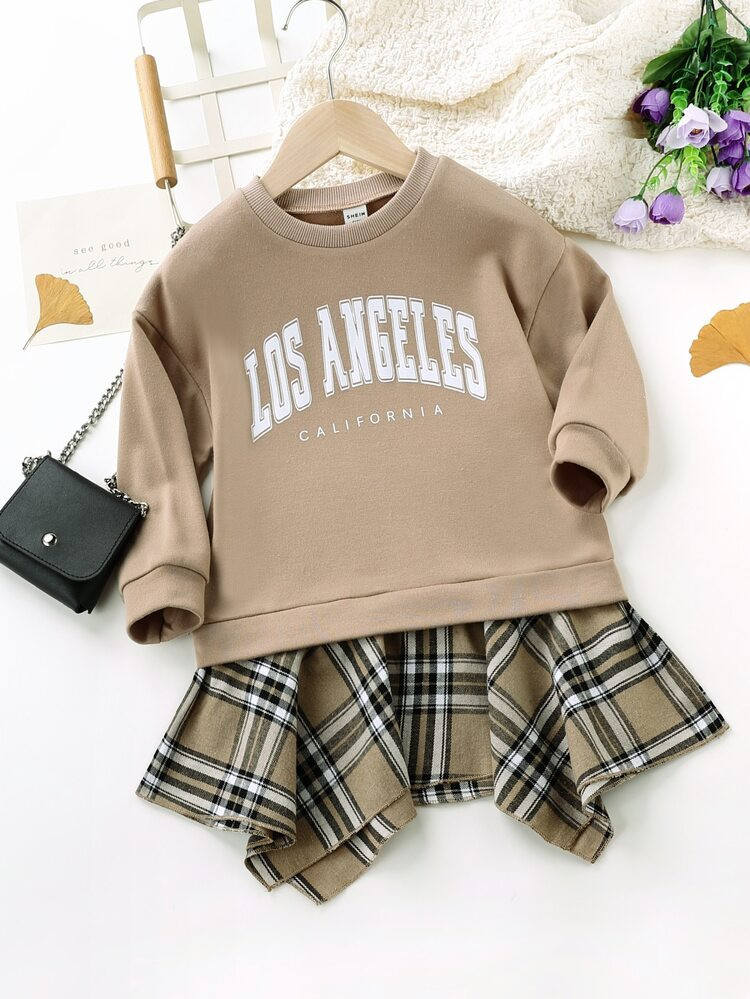 Toddler Girls Letter Graphic Contrast Plaid Asymmetrical Hem 2 In 1 Sweatshirt Dress | SHEIN