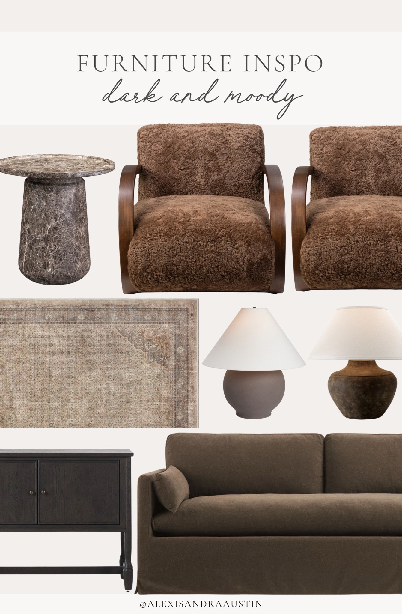 Dark and moody furniture inspo! Loving these darker accent pieces to compliment any space this season.

Home finds, neutral home inspo, dark and moody, furniture favorites,  summer refresh, living room refresh, marble accent table, upholstered arm chair, vintage inspired area rug, table lamp, sideboard details, slipcovered sofa, Wayfair, Four Hands, shop the look!

#LTKSeasonal #LTKHome