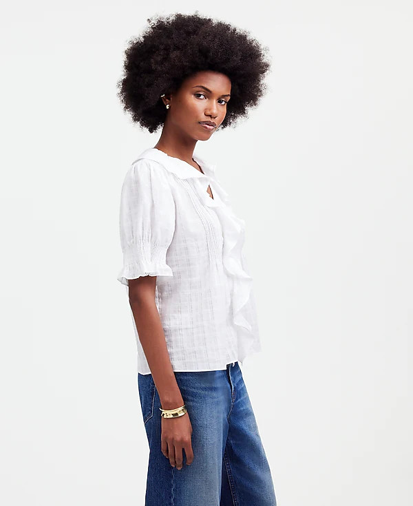 Ruffle Puff-Sleeve Peplum Top in Windowpane | Madewell | Madewell