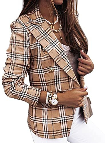 futurino Women's Casual Blazer Front Open Long Sleeve, Double Breasted Blazer Vintage Print Plaid Slim Suit for Women Khaki | Amazon (US)