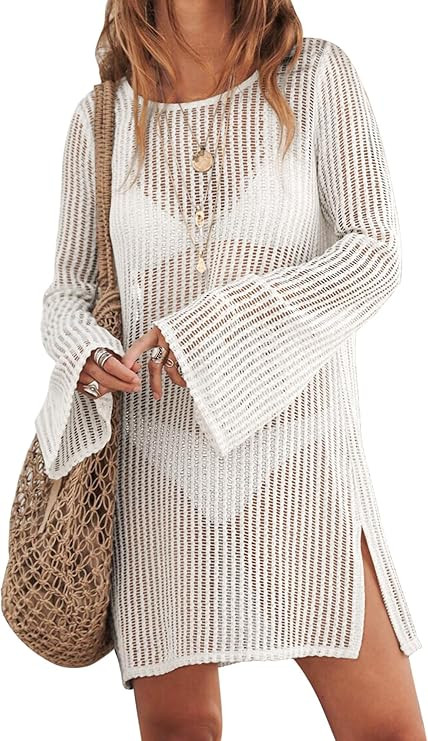 ANRABESS Women's Swimsuit Coverup Summer Long Sleeve Crochet Mini Knit Side Split Swim Bathing Su... | Amazon (US)