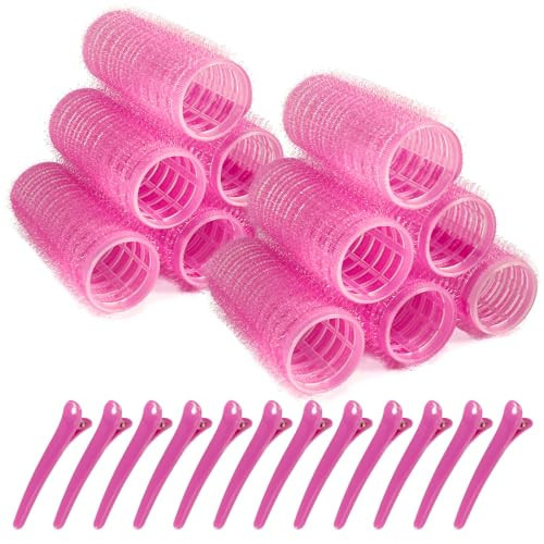 Hair Rollers, 12 Pack Hair Curler Small Hair Rollers for Women, Self Grip Hair Roller with Clips, Pink | Amazon (US)