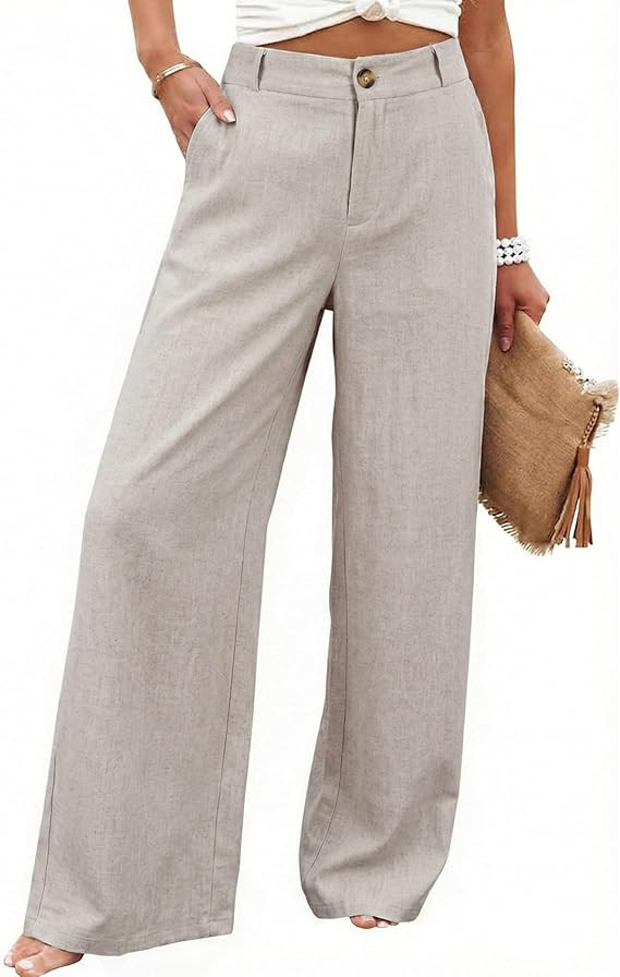 Hooever Womens Cotton Linen Pants Casual Button Up High Waisted Wide Leg Trousers | Amazon (US)